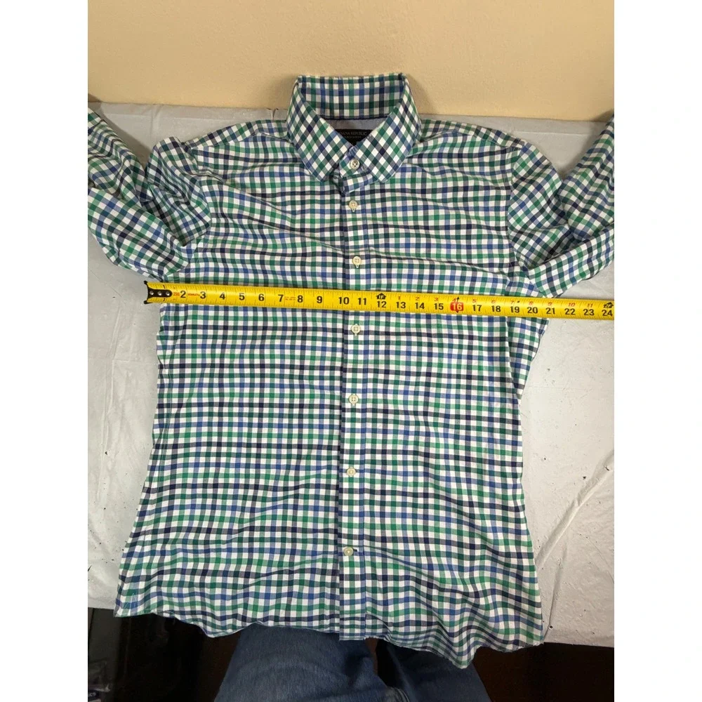 Banana Republic Mens Non-Iron Slim Fit Gingham Button Down Shirt Green Blue M